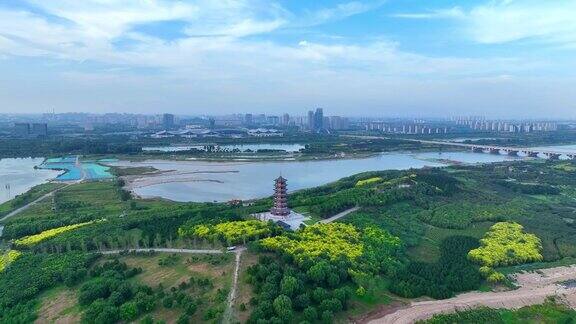 中国河北省石家庄市滹沱河生态区及滨水公园航拍图