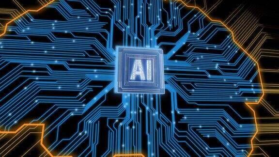 人工智能脑动画概念在CPU内的AI-中央处理器单元未来的数字大脑接口AI深度学习计算机机器