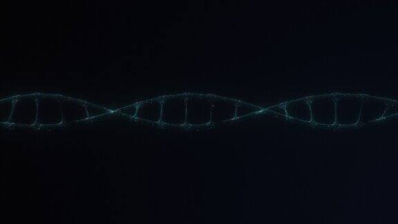 黑色背景上的淡蓝色DNA片段从一边移动到另一边并旋转