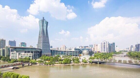 杭州河边和附近的现代抽象建筑间隔拍摄4k
