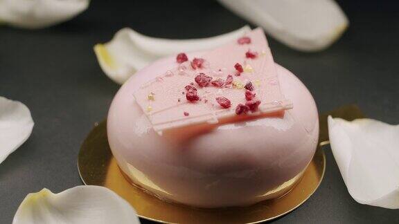 黑色背景粉色奶油美味可口的圆形甜点