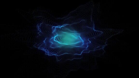 发光的蓝色波浪与运动点和俯视图抽象数字背景粒子爆炸概念连接大数据未来科技背景3d渲染