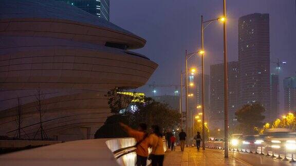 长沙市著名的现代剧场综合体交通街道全景时间跨度4k中国