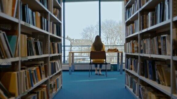 一个留着长发的年轻女子在图书馆学习