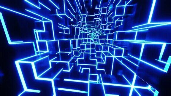飞过由蓝色霓虹方块组成的隧道无限循环的动画
