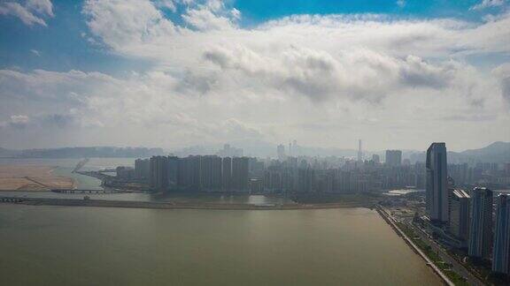 晴天珠海市海湾现代酒店综合澳门海岸线航拍全景4k时间推移中国