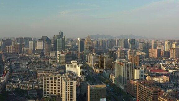 日落时分杭州市景航拍全景4k中国