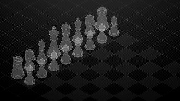 三维等距虚拟透明象棋与方形网格模式棋盘商业技术策略概念设计在黑色背景无缝循环动画4K与复制空间