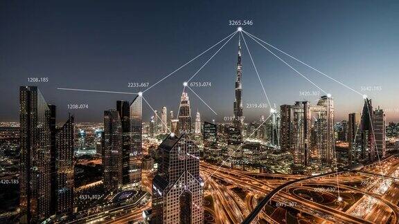 迪拜城市和5G网络概念从白天到夜晚阿联酋