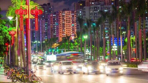 夜景时间点亮假日装饰珠海市交通道路街景4k时间流逝中国