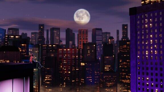 一个女人坐在摩天大楼的边缘在霓虹色的夜晚城市前面的风格化动画