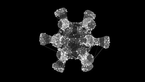 在黑色背景上旋转病毒的三维线框模型三维渲染