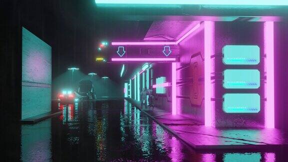 夜晚的城市街道AI控制未来蒸汽朋克风格霓虹灯音乐背景幻想