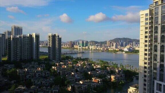珠海市晴天居住公寓小区河桥航拍全景4k中国
