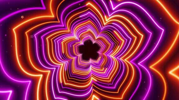艺术运动紫色橙色长春花五瓣花轮廓线光旋转隧道与花粒子的背景