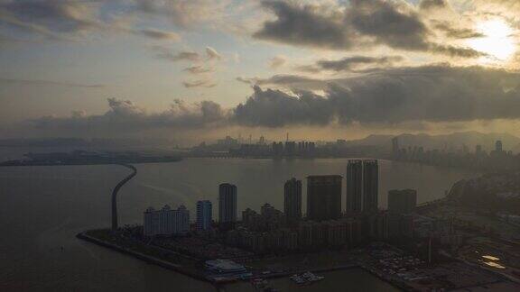 日落天空珠海城市湾澳门城市景观航空全景4k时间推移中国