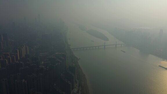 日落雾长沙市中心河流航拍全景4k中国
