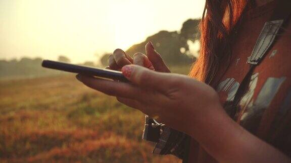 一名女子在清晨森林中用智能手机搜索网站的慢镜头