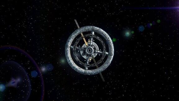 背景上有星星摄像机飞出隧道飞进太空站门绿色屏幕3d动画