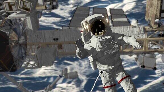 宇航员太空行走在空地上挥手国际空间站围绕地球大气层旋转这段视频由美国宇航局提供3d动画