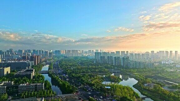 宁波日出时城市的鸟瞰图