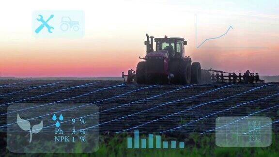 农业自动化和技术使用拖拉机进行田间耕作使用人工智能进行数据收集和分析