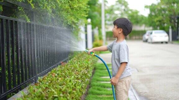 孩子在家给树浇水生态环境概念