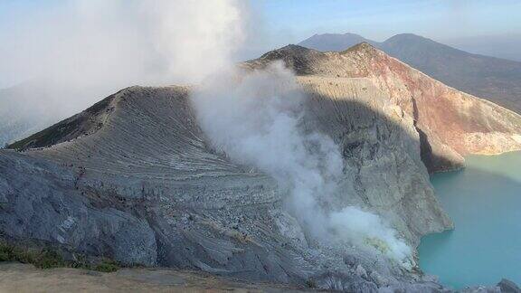 日出后卡瓦伊真火山口火山的岩石悬崖与绿松石硫磺湖水印尼东爪哇的旅游景点自然景观背景