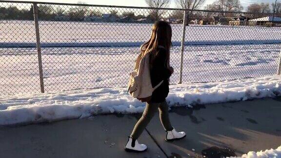 年轻美丽的女孩走在人行道旁的铁链围栏在冬天