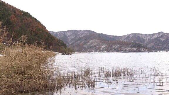 川口湖景观和山冬季日本