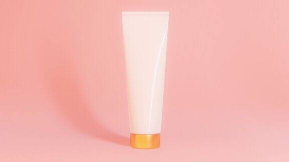 化妆品罐上的金色元素在粉红色的背景上特写