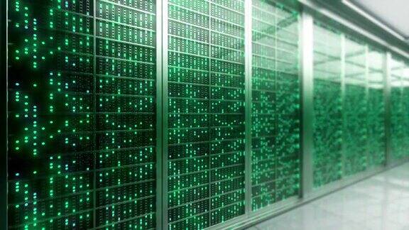 服务器机架在服务器室内房间数据中心交换网络数据和连接的服务器机房中心网络安全运行绿色数据中心超级计算机技术概念3d动画