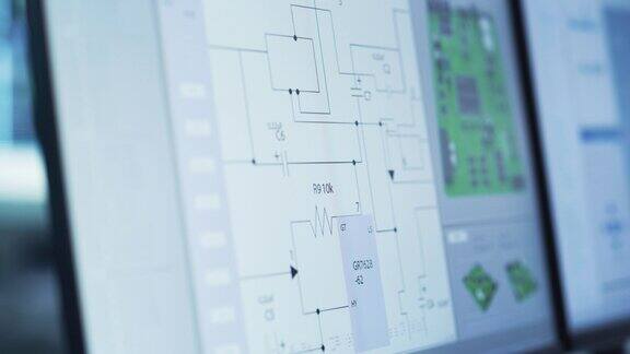 近距离的计算机显示器屏幕与软件实用工具与数字电子图的电路主板和3D模型技术研究与发展理念