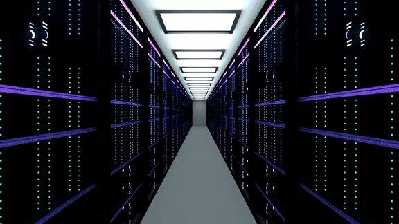 数据中心大型服务器室内部网络和互联网通信技术数据存储和云服务概念