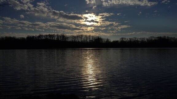 美丽的日落在森林附近的湖