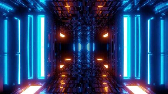 时尚的科幻隧道走廊与反射砖纹理和发光的灯光3d插图运动背景实时壁纸vj循环