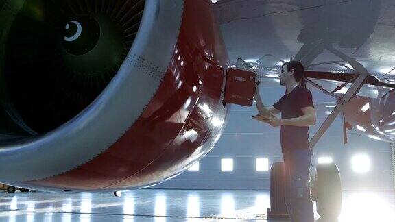 在机库中飞机维修年轻的工程师技术员机械师正在用手电筒检查飞机喷气发动机他打开发动机舱盖并检查内部