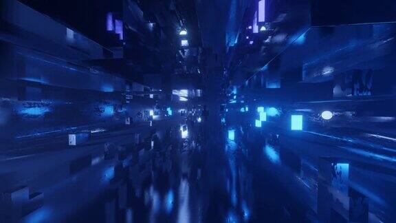 科幻建筑迷雾中的神秘三维物体在霓虹灯的照耀下飞越科技空间科幻飞行穿越高科技隧道全息图和霓虹灯3d循环无缝4kbg