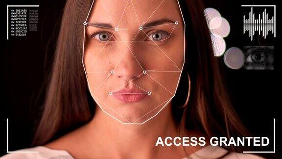 未来和技术扫描的面孔一个美丽的女人的面部识别和扫描的人