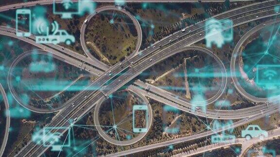 现代公路鸟瞰图和各种图表交通和技术智能交通系统移动性即服务