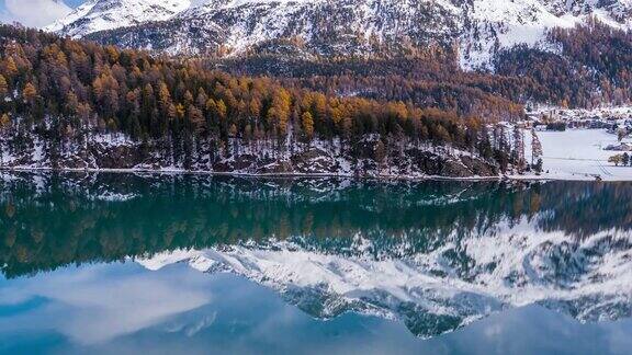 高山瀑布湖反射瑞士航拍4k
