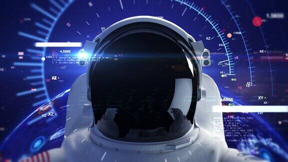 未来宇航员戴着头盔在无限的空间计算机代码在