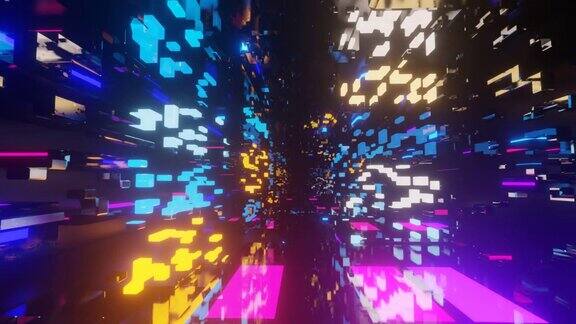 抽象的框架和盒子在霓虹灯的照耀下飞越科技空间通过高科技隧道的科幻飞行全息图和霓虹灯3d循环无缝4k背景数据流