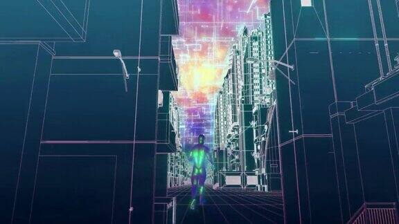 3d动画奔跑的人在未来的城市