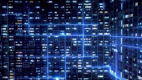 智慧城市与元宇宙概念住宅建筑夜间鸟瞰图