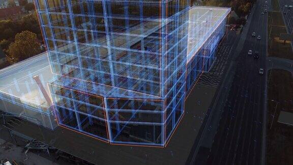 无人机镜头与视觉特效概念:建筑建筑工地成为完成的项目与3D图形动画效果可视化数字化设计未来城市发展