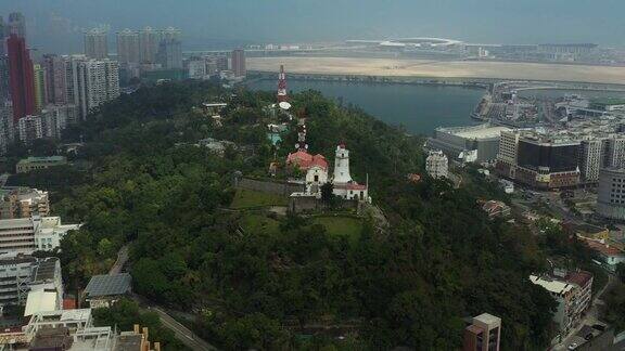 澳门市景白天时间市区著名公园灯塔航拍4k中国全景