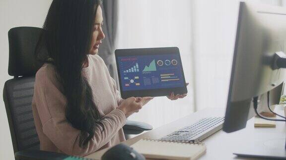 女商人视频会议头脑风暴显示企业营销信息图表与同事而从家里工作