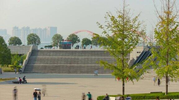 夏日长沙著名音乐厅博物馆综合体广场三角洲滨江全景时光流逝4k中国