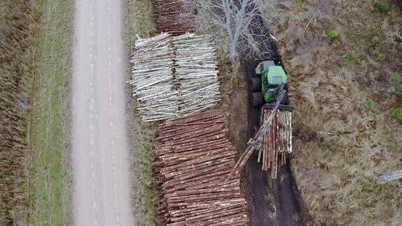 鸟瞰图森林采伐区在森林里工作的伐木工人林业和木材工业森林砍伐空中射击拖拉机把木材储存起来在Timberland的工作过程美丽的股票在Timberland